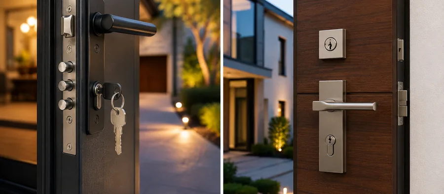 Front door locks and keys photographed at dusk on a modern entrance