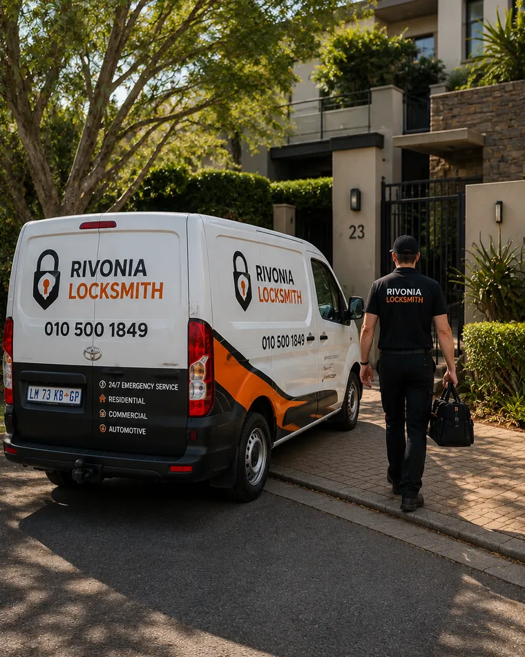 Rivonia Locksmith technician arriving at a Rivonia home, response vehicle at the kerb